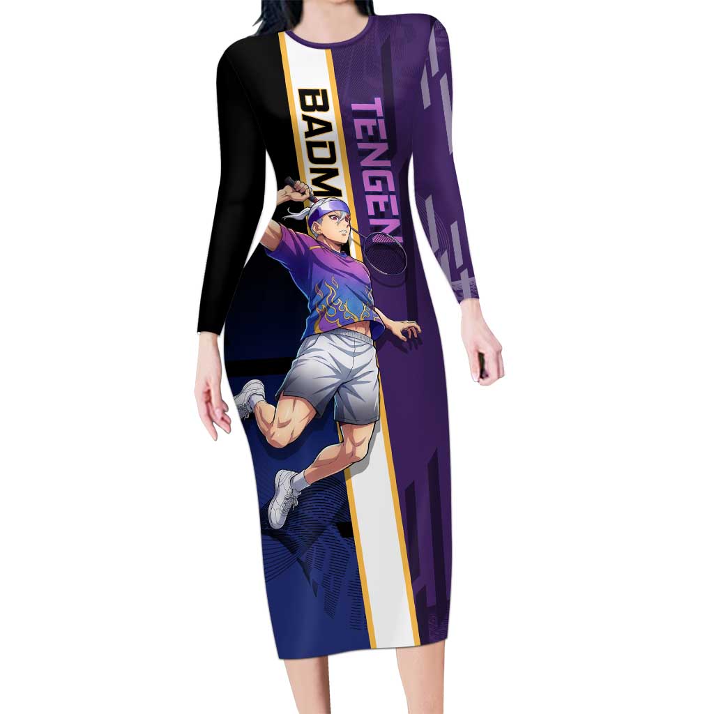 Personalized Tengen Uzui Demon Slayer Badminton Long Sleeve Bodycon Dress with Racket Action Pose and Purple Black Graphic Design - The Mazicc