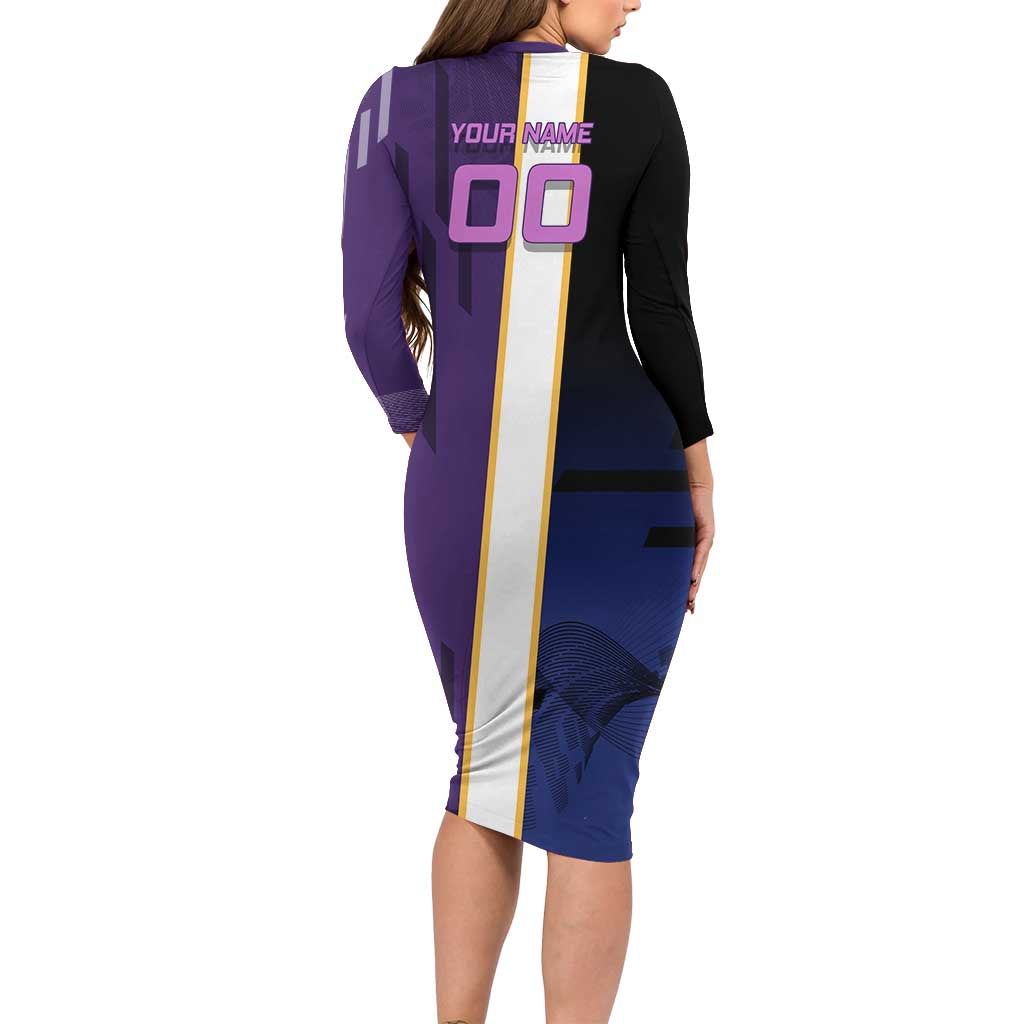 Personalized Tengen Uzui Demon Slayer Badminton Long Sleeve Bodycon Dress with Racket Action Pose and Purple Black Graphic Design - The Mazicc