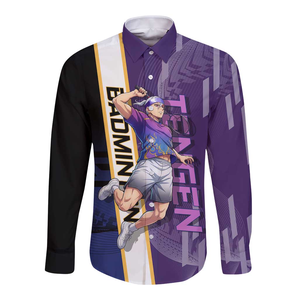 Personalized Tengen Uzui Demon Slayer Badminton Long Sleeve Button Shirt with Racket Action Pose and Purple Black Graphic Design - The Mazicc