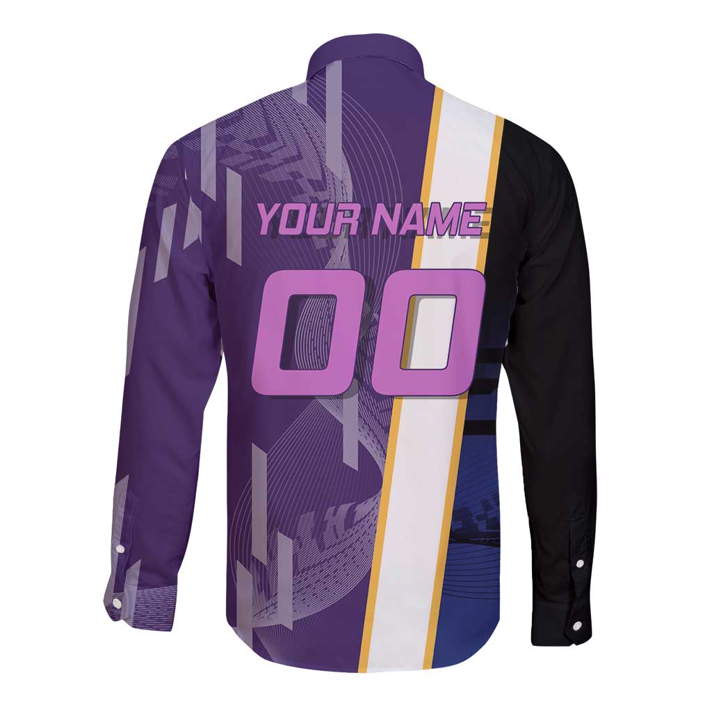 Personalized Tengen Uzui Demon Slayer Badminton Long Sleeve Button Shirt with Racket Action Pose and Purple Black Graphic Design - The Mazicc