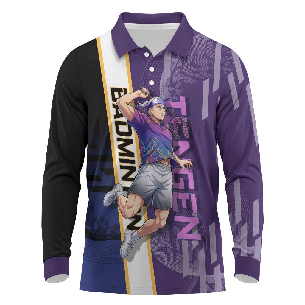 Personalized Tengen Uzui Demon Slayer Badminton Long Sleeve Polo Shirt with Racket Action Pose and Purple Black Graphic Design - The Mazicc