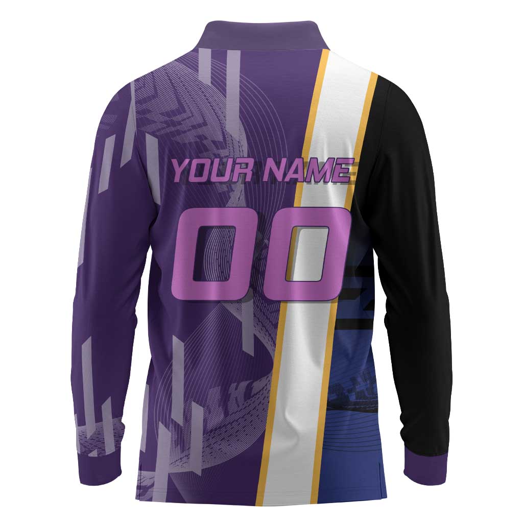 Personalized Tengen Uzui Demon Slayer Badminton Long Sleeve Polo Shirt with Racket Action Pose and Purple Black Graphic Design - The Mazicc