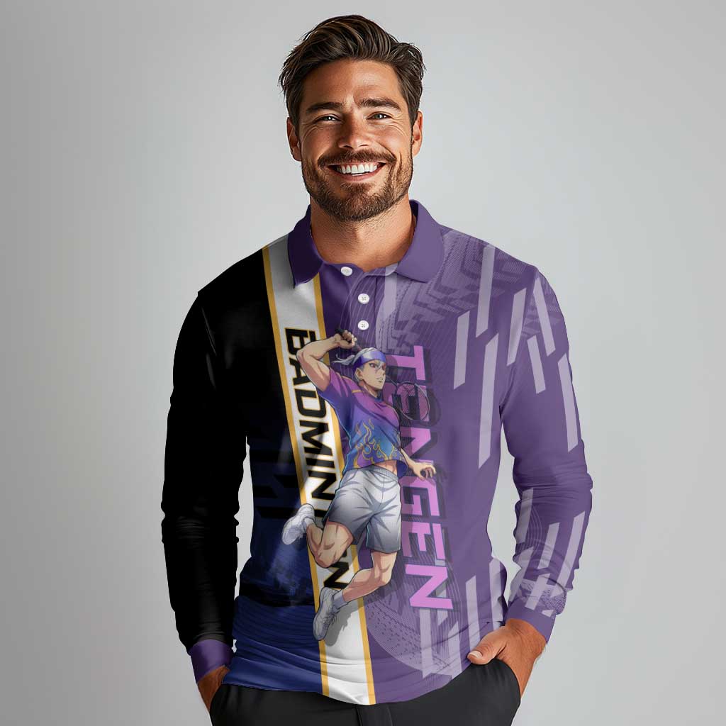 Personalized Tengen Uzui Demon Slayer Badminton Long Sleeve Polo Shirt with Racket Action Pose and Purple Black Graphic Design - The Mazicc