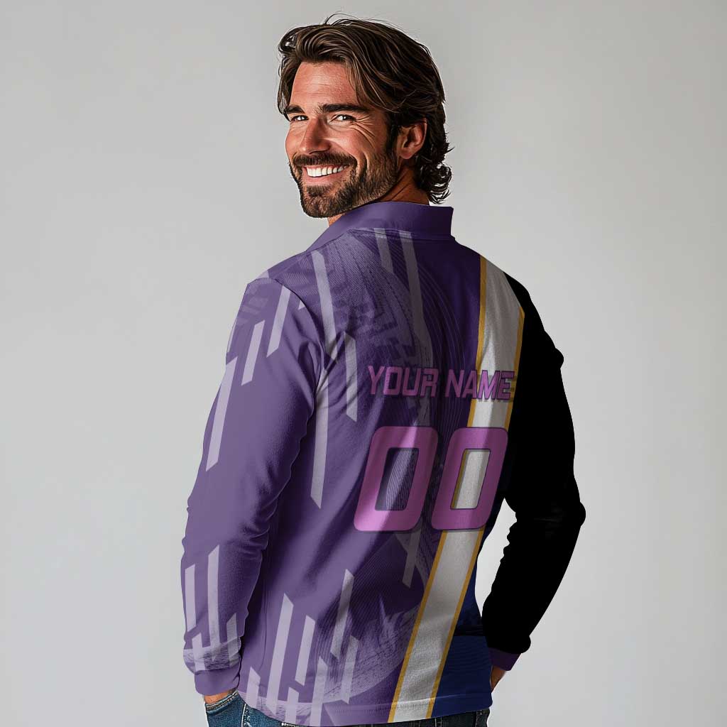 Personalized Tengen Uzui Demon Slayer Badminton Long Sleeve Polo Shirt with Racket Action Pose and Purple Black Graphic Design - The Mazicc