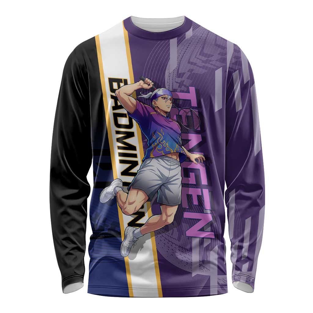 Personalized Tengen Uzui Demon Slayer Badminton Long Sleeve Shirt with Racket Action Pose and Purple Black Graphic Design - The Mazicc