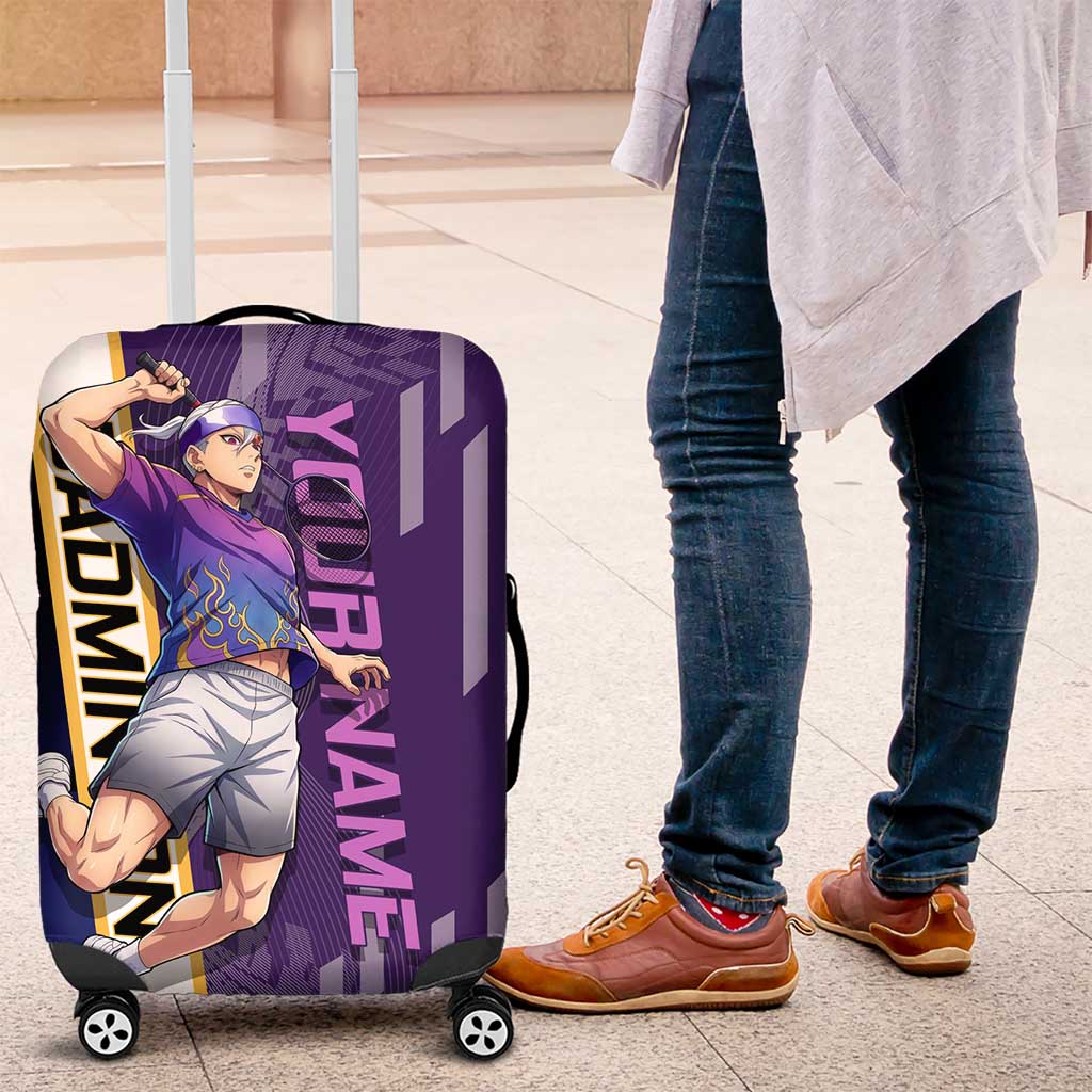 Personalized Tengen Uzui Demon Slayer Badminton Luggage Cover with Racket Action Pose and Purple Black Graphic Design - The Mazicc
