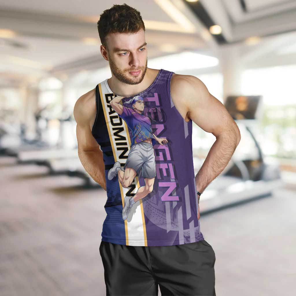 Personalized Tengen Uzui Demon Slayer Badminton Men Tank Top with Racket Action Pose and Purple Black Graphic Design - The Mazicc