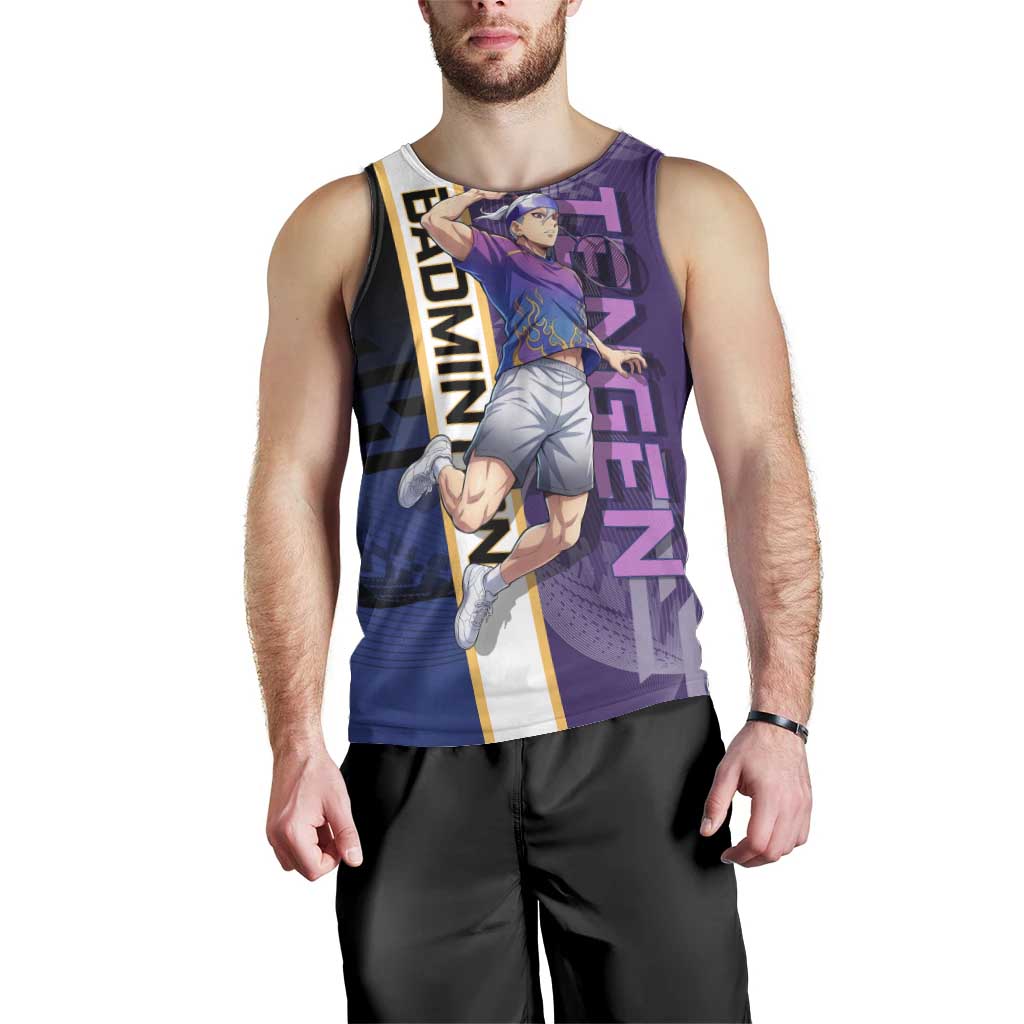 Personalized Tengen Uzui Demon Slayer Badminton Men Tank Top with Racket Action Pose and Purple Black Graphic Design - The Mazicc