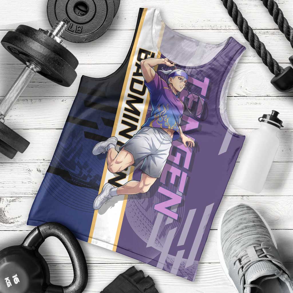 Personalized Tengen Uzui Demon Slayer Badminton Men Tank Top with Racket Action Pose and Purple Black Graphic Design - The Mazicc