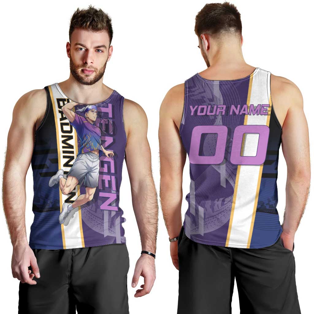 Personalized Tengen Uzui Demon Slayer Badminton Men Tank Top with Racket Action Pose and Purple Black Graphic Design - The Mazicc