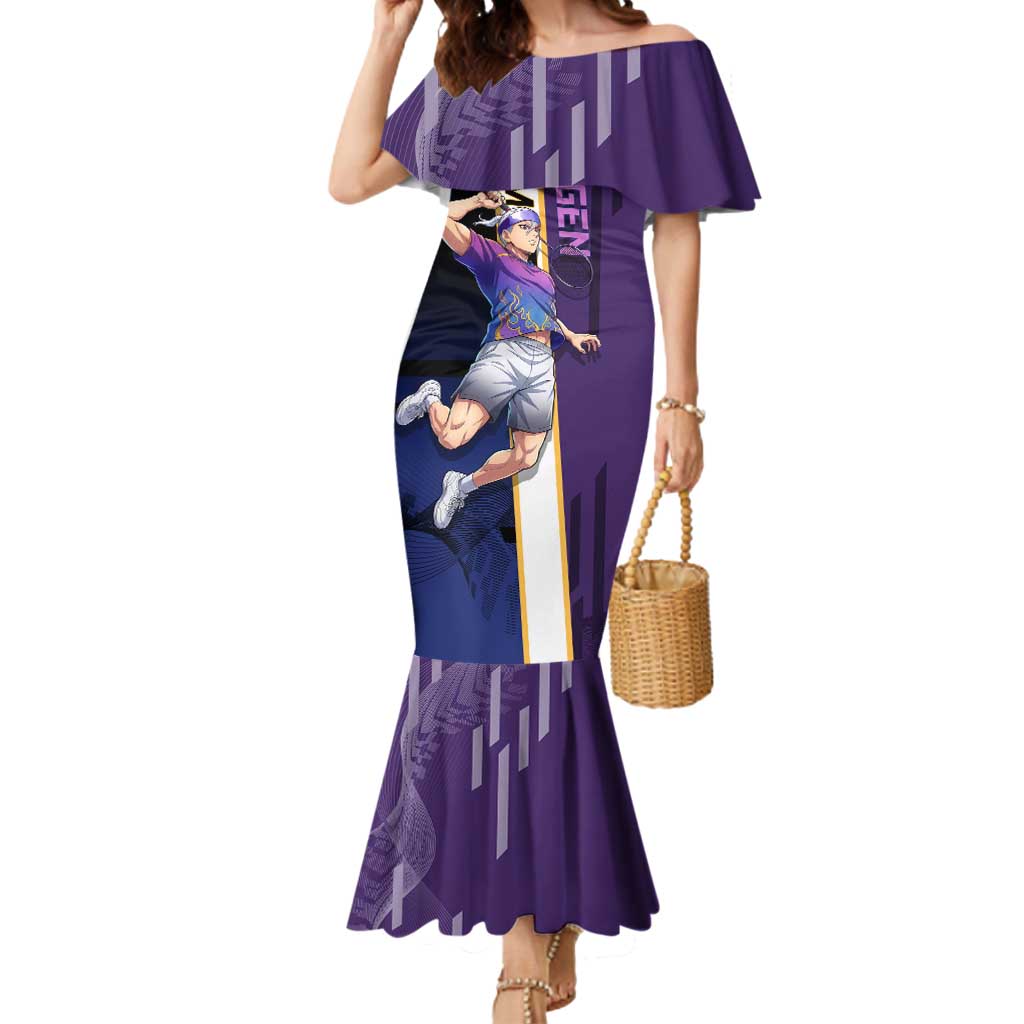 Personalized Tengen Uzui Demon Slayer Badminton Mermaid Dress with Racket Action Pose and Purple Black Graphic Design - The Mazicc