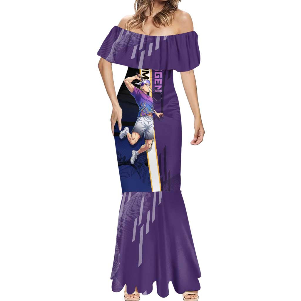 Personalized Tengen Uzui Demon Slayer Badminton Mermaid Dress with Racket Action Pose and Purple Black Graphic Design - The Mazicc