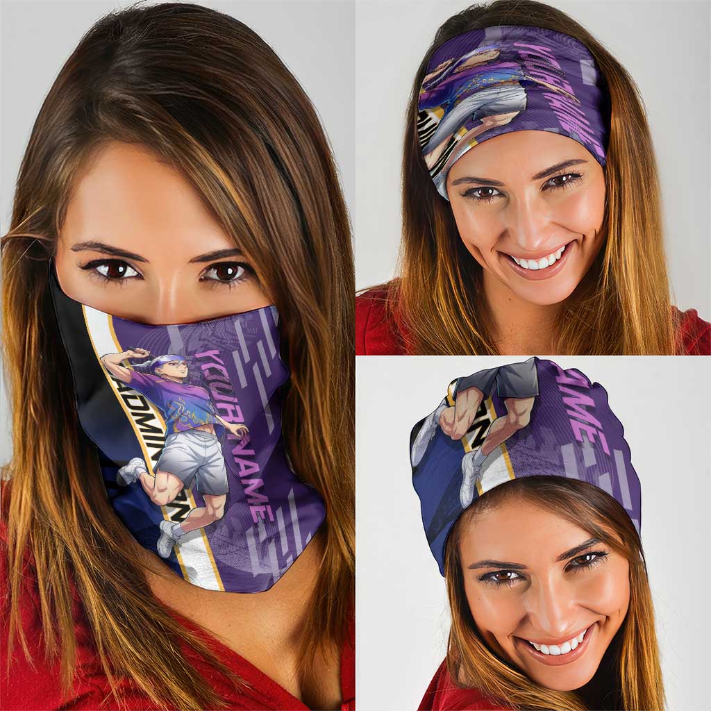 Personalized Tengen Uzui Demon Slayer Badminton Neck Gaiter with Racket Action Pose and Purple Black Graphic Design - The Mazicc