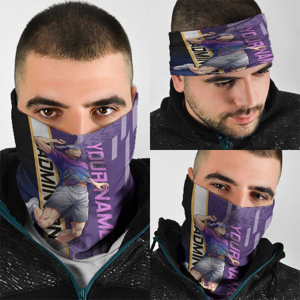 Personalized Tengen Uzui Demon Slayer Badminton Neck Gaiter with Racket Action Pose and Purple Black Graphic Design - The Mazicc