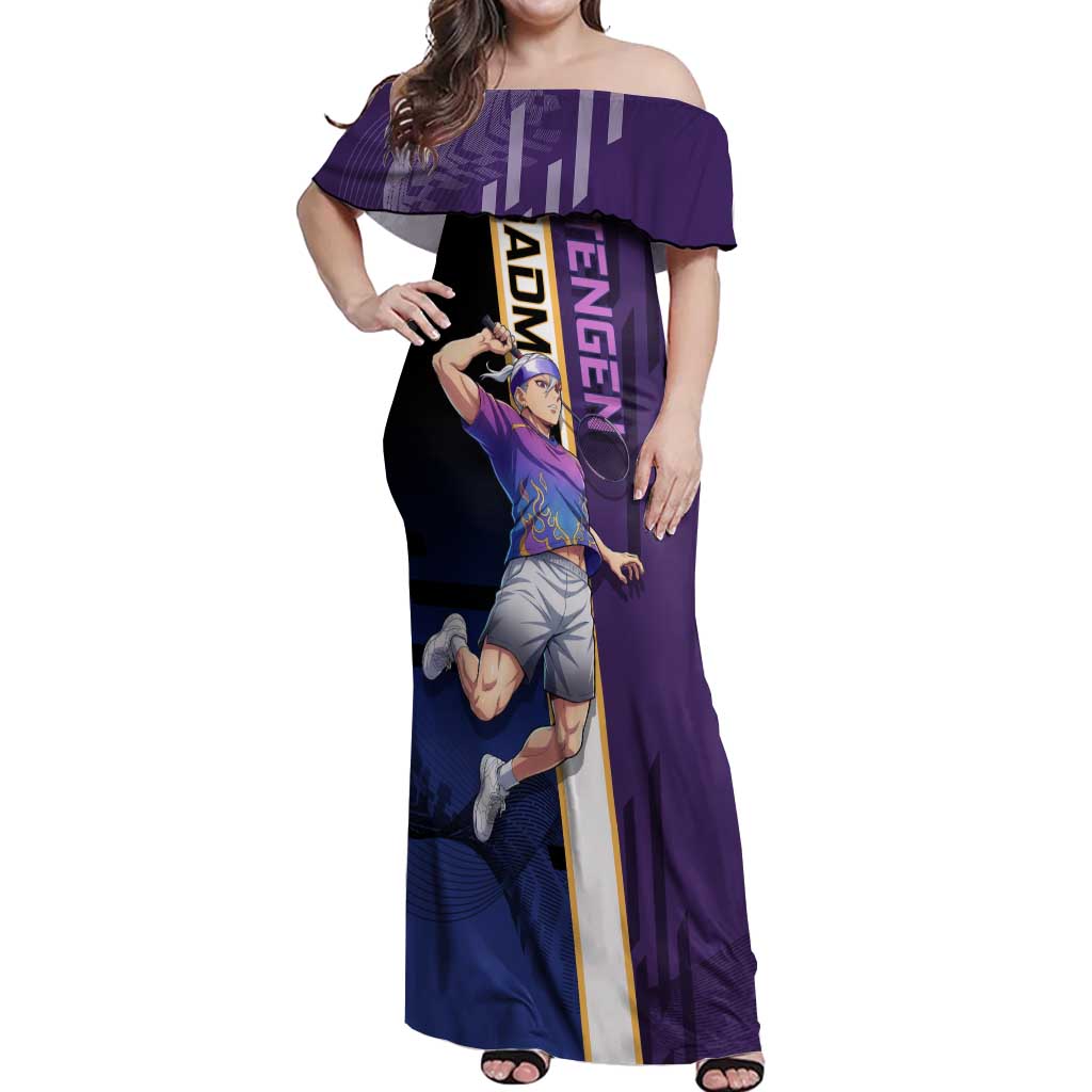 Personalized Tengen Uzui Demon Slayer Badminton Off Shoulder Maxi Dress with Racket Action Pose and Purple Black Graphic Design - The Mazicc