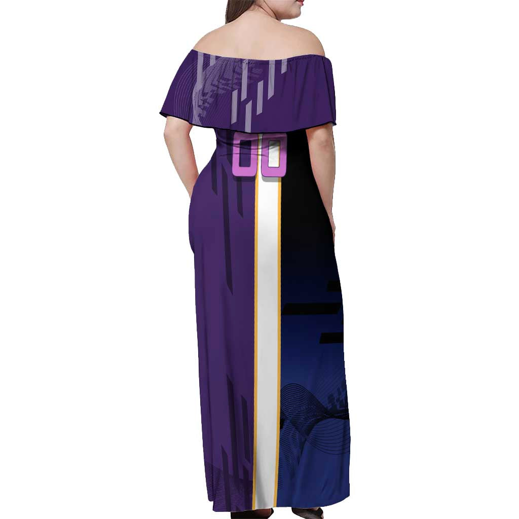 Personalized Tengen Uzui Demon Slayer Badminton Off Shoulder Maxi Dress with Racket Action Pose and Purple Black Graphic Design - The Mazicc