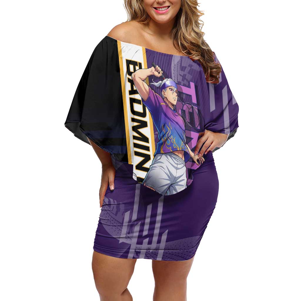 Personalized Tengen Uzui Demon Slayer Badminton Off Shoulder Short Dress with Racket Action Pose and Purple Black Graphic Design - The Mazicc