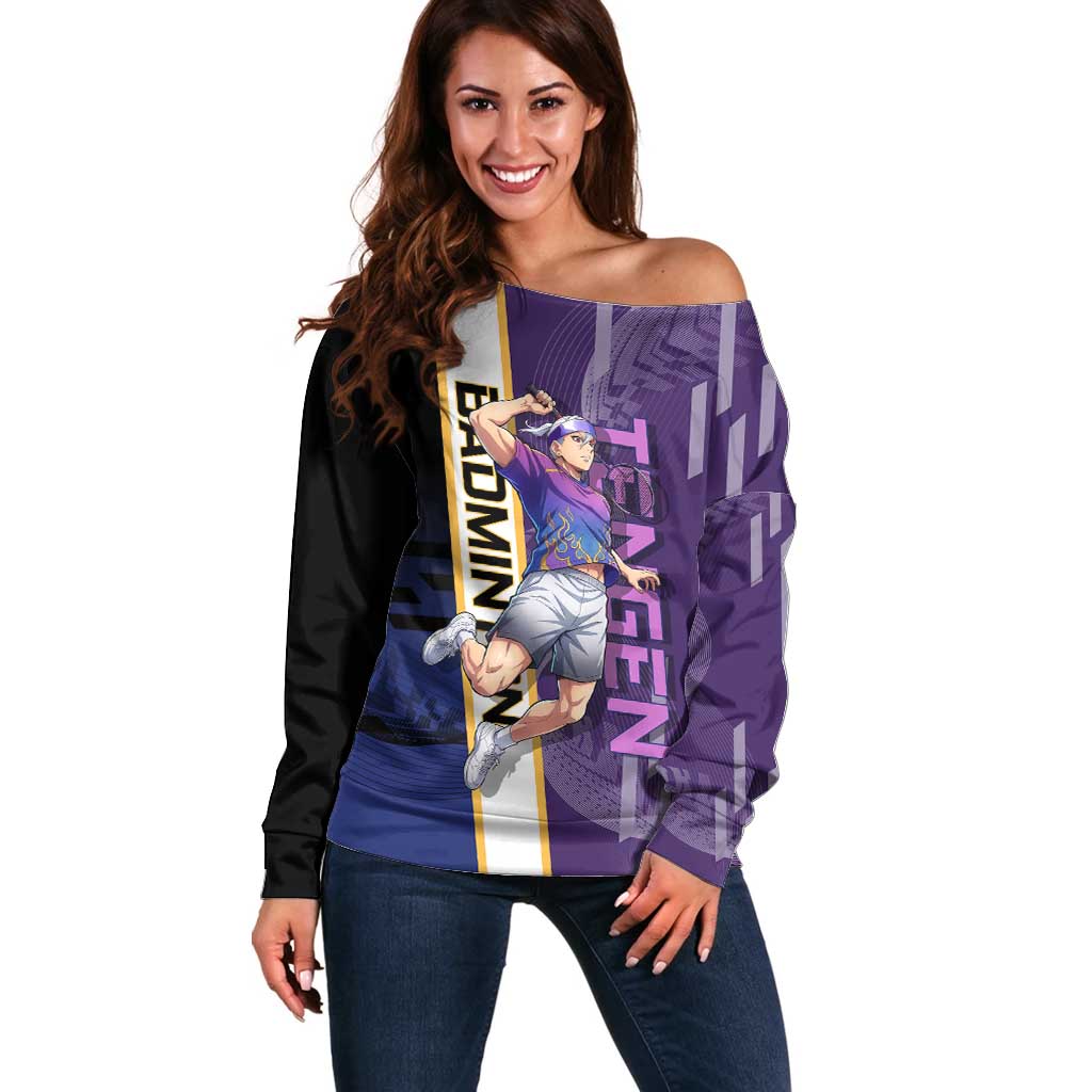 Personalized Tengen Uzui Demon Slayer Badminton Off Shoulder Sweater with Racket Action Pose and Purple Black Graphic Design - The Mazicc