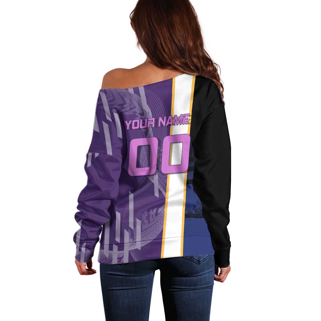 Personalized Tengen Uzui Demon Slayer Badminton Off Shoulder Sweater with Racket Action Pose and Purple Black Graphic Design - The Mazicc