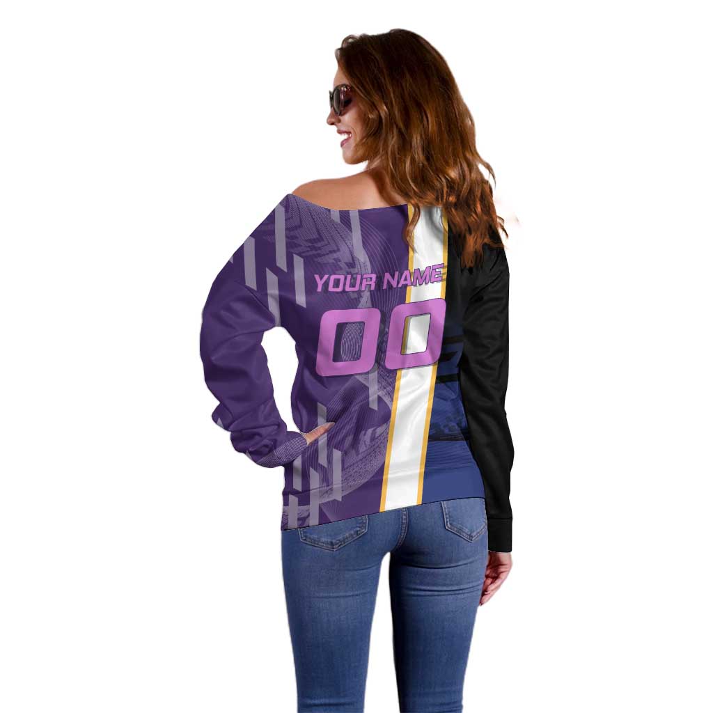 Personalized Tengen Uzui Demon Slayer Badminton Off Shoulder Sweater with Racket Action Pose and Purple Black Graphic Design - The Mazicc