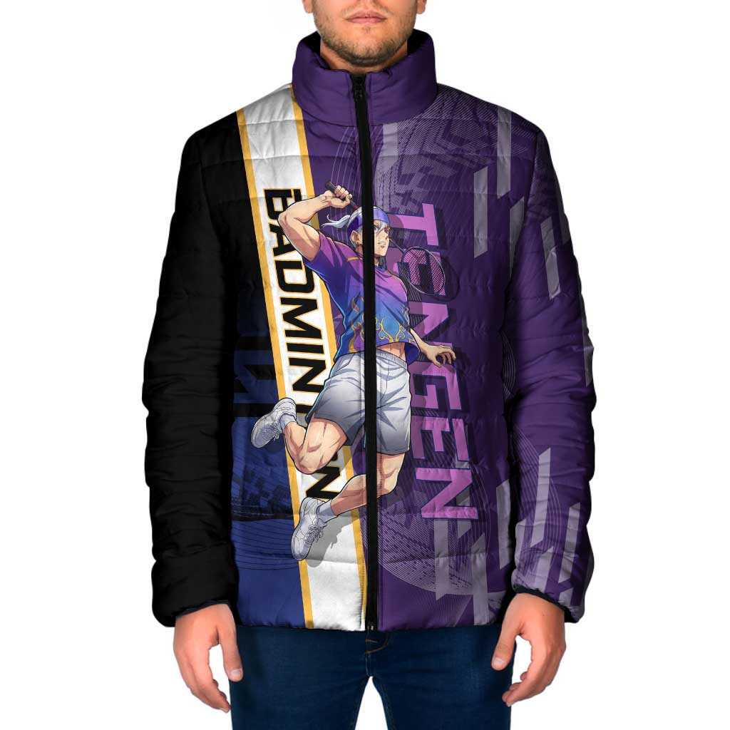 Personalized Tengen Uzui Demon Slayer Badminton Padded Jacket with Racket Action Pose and Purple Black Graphic Design - The Mazicc