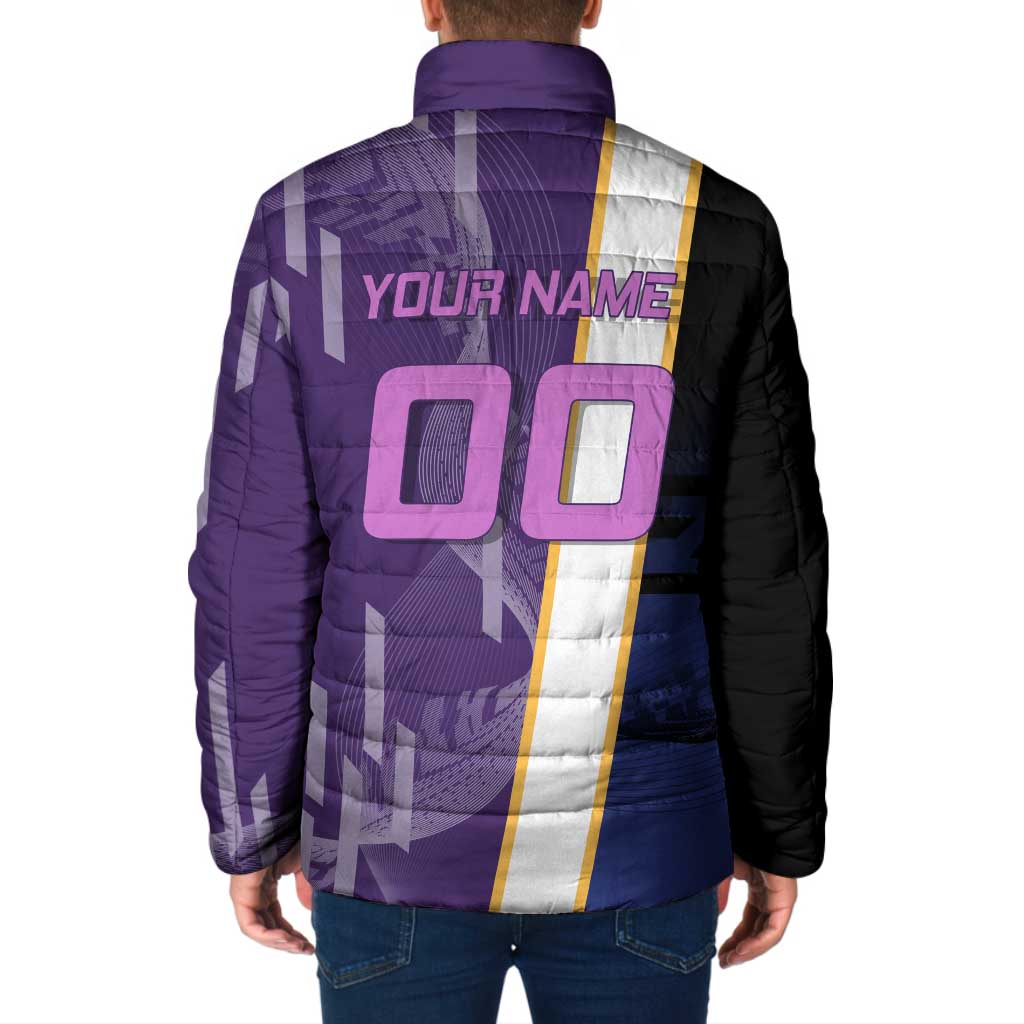 Personalized Tengen Uzui Demon Slayer Badminton Padded Jacket with Racket Action Pose and Purple Black Graphic Design - The Mazicc