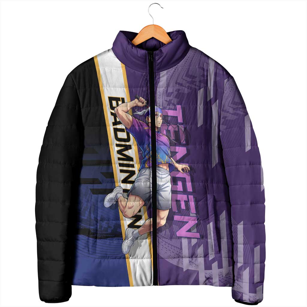 Personalized Tengen Uzui Demon Slayer Badminton Padded Jacket with Racket Action Pose and Purple Black Graphic Design - The Mazicc