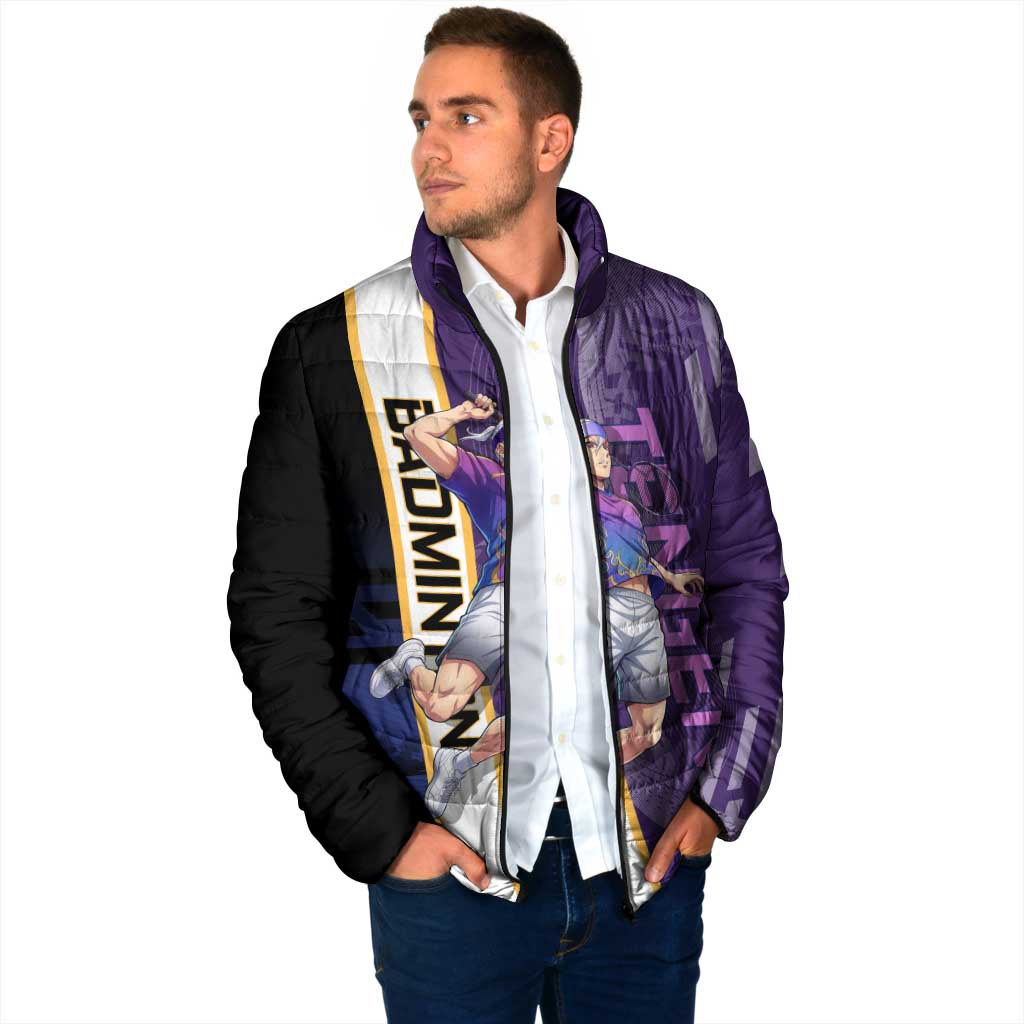 Personalized Tengen Uzui Demon Slayer Badminton Padded Jacket with Racket Action Pose and Purple Black Graphic Design - The Mazicc