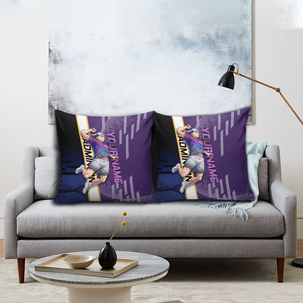 Personalized Tengen Uzui Demon Slayer Badminton Pillow Cover with Racket Action Pose and Purple Black Graphic Design - The Mazicc