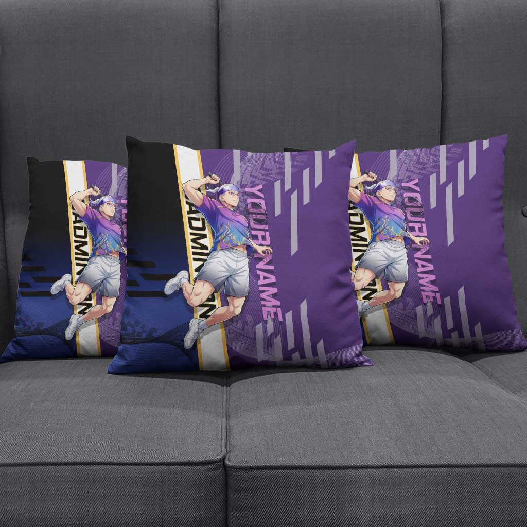 Personalized Tengen Uzui Demon Slayer Badminton Pillow Cover with Racket Action Pose and Purple Black Graphic Design - The Mazicc