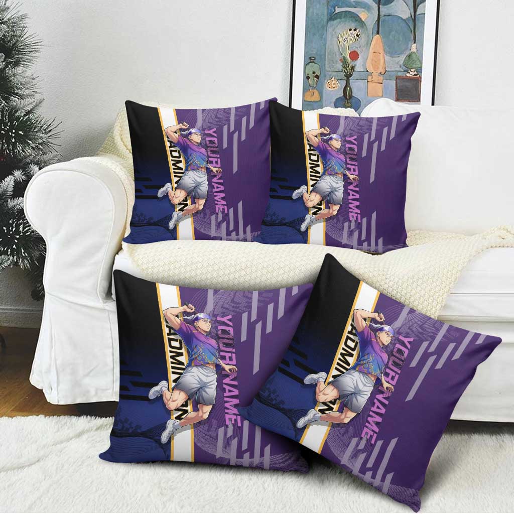 Personalized Tengen Uzui Demon Slayer Badminton Pillow Cover with Racket Action Pose and Purple Black Graphic Design - The Mazicc