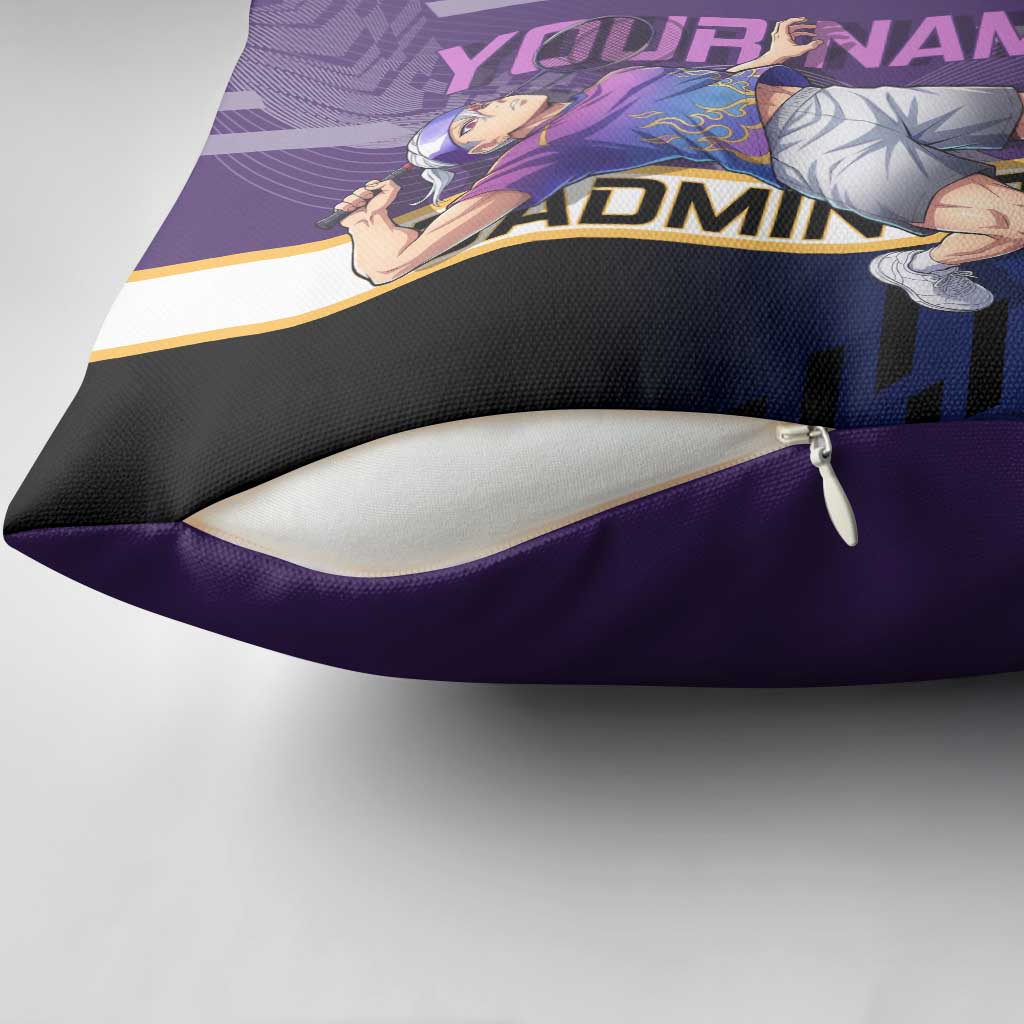 Personalized Tengen Uzui Demon Slayer Badminton Pillow Cover with Racket Action Pose and Purple Black Graphic Design - The Mazicc