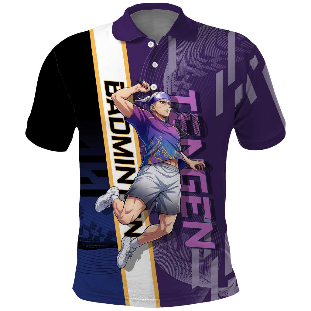 Personalized Tengen Uzui Demon Slayer Badminton Polo Shirt with Racket Action Pose and Purple Black Graphic Design - The Mazicc