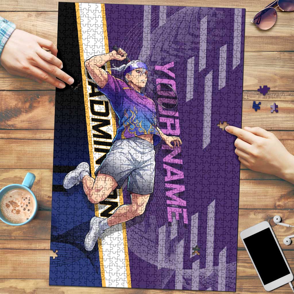 Personalized Tengen Uzui Demon Slayer Badminton Puzzle with Racket Action Pose and Purple Black Graphic Design - The Mazicc