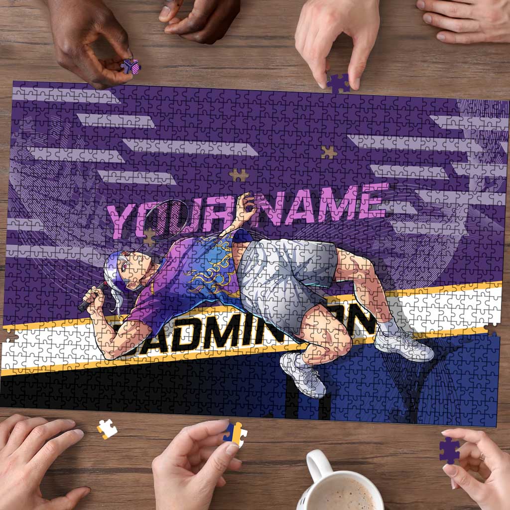 Personalized Tengen Uzui Demon Slayer Badminton Puzzle with Racket Action Pose and Purple Black Graphic Design - The Mazicc