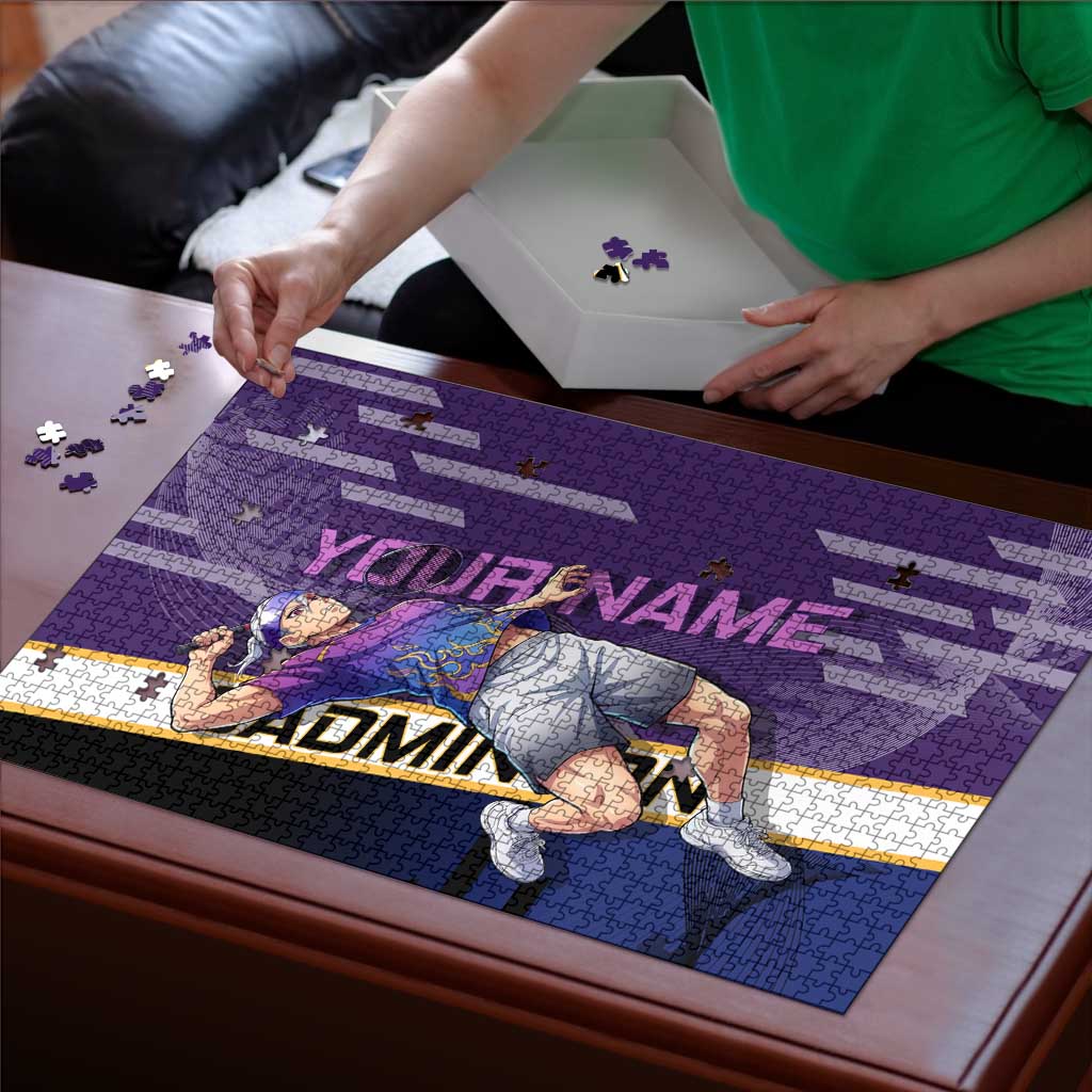 Personalized Tengen Uzui Demon Slayer Badminton Puzzle with Racket Action Pose and Purple Black Graphic Design - The Mazicc