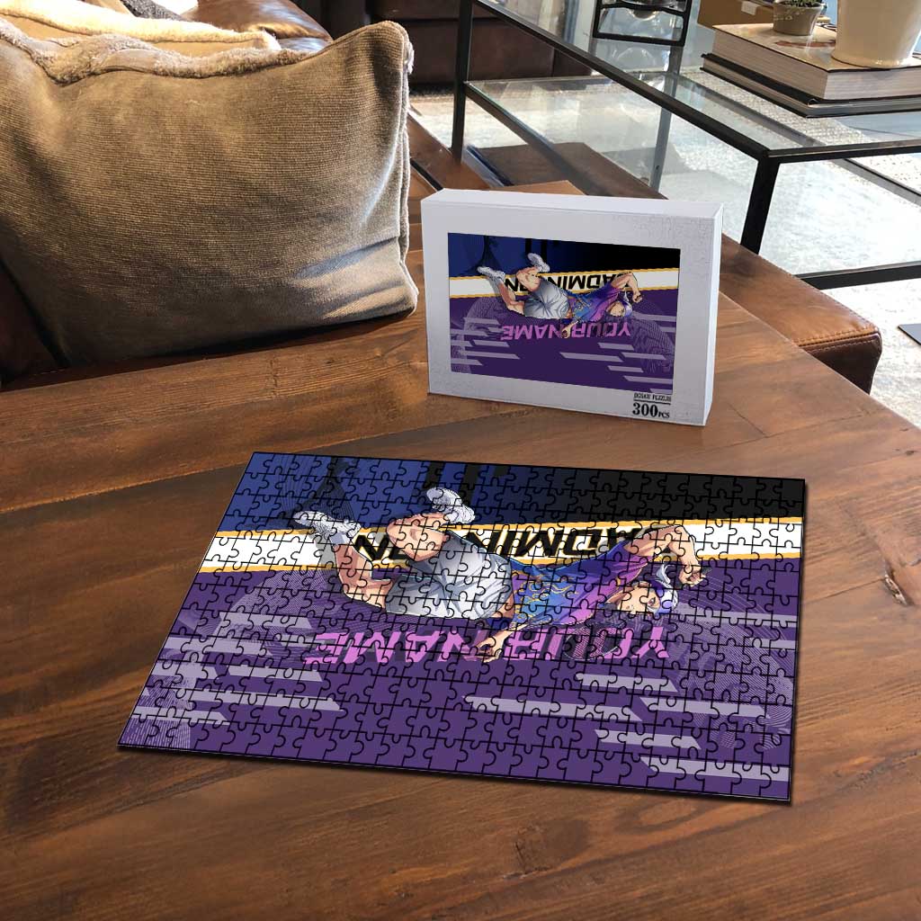 Personalized Tengen Uzui Demon Slayer Badminton Puzzle with Racket Action Pose and Purple Black Graphic Design - The Mazicc