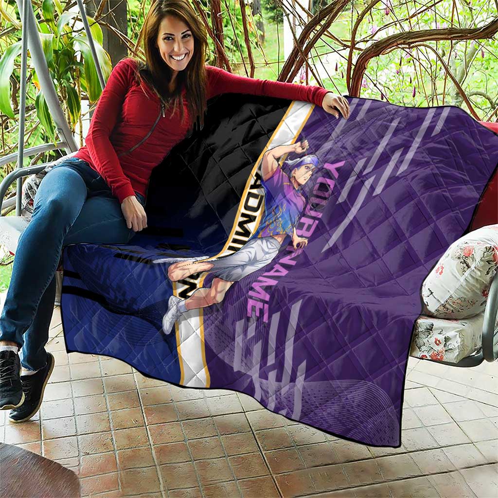 Personalized Tengen Uzui Demon Slayer Badminton Quilt with Racket Action Pose and Purple Black Graphic Design - The Mazicc