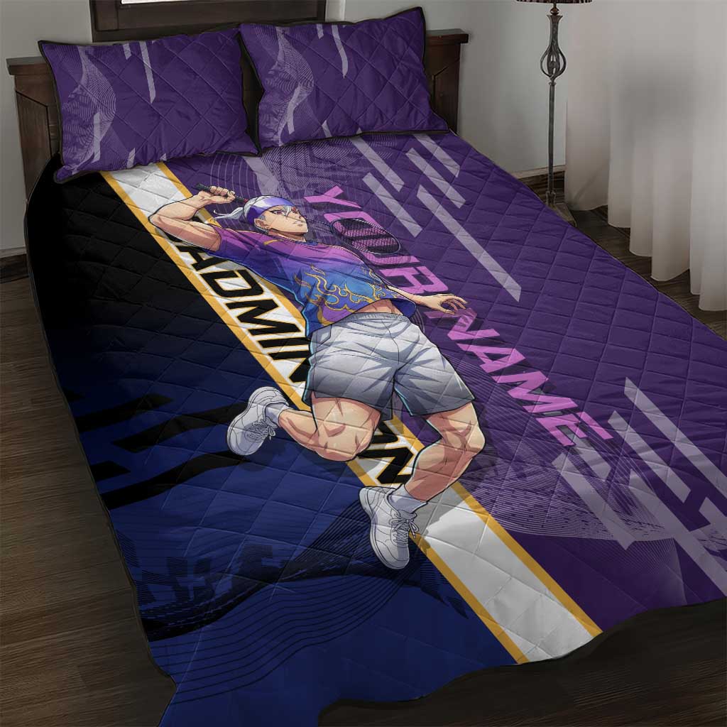 Personalized Tengen Uzui Demon Slayer Badminton Quilt Bed Set with Racket Action Pose and Purple Black Graphic Design - The Mazicc