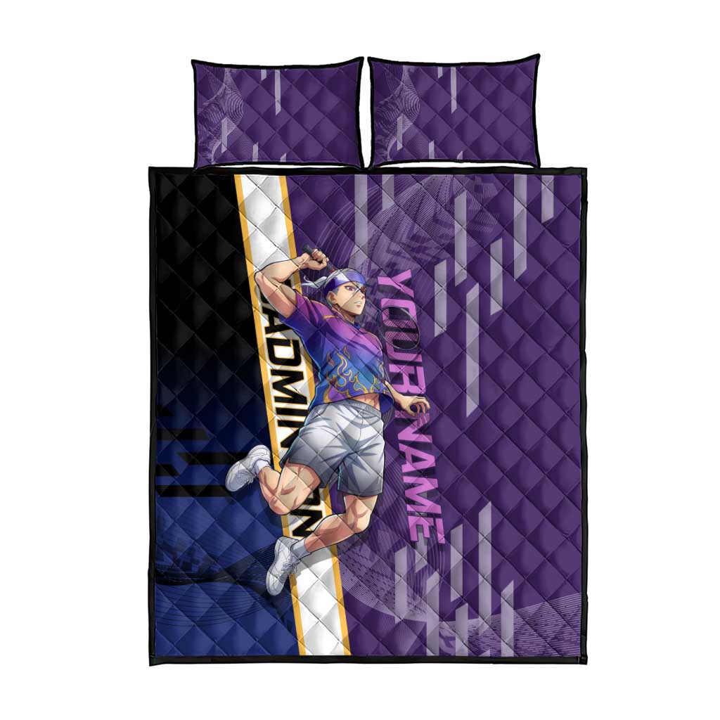 Personalized Tengen Uzui Demon Slayer Badminton Quilt Bed Set with Racket Action Pose and Purple Black Graphic Design - The Mazicc