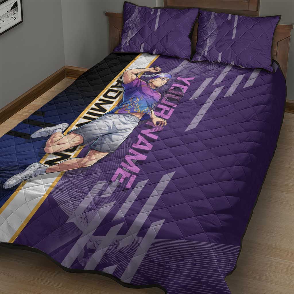 Personalized Tengen Uzui Demon Slayer Badminton Quilt Bed Set with Racket Action Pose and Purple Black Graphic Design - The Mazicc
