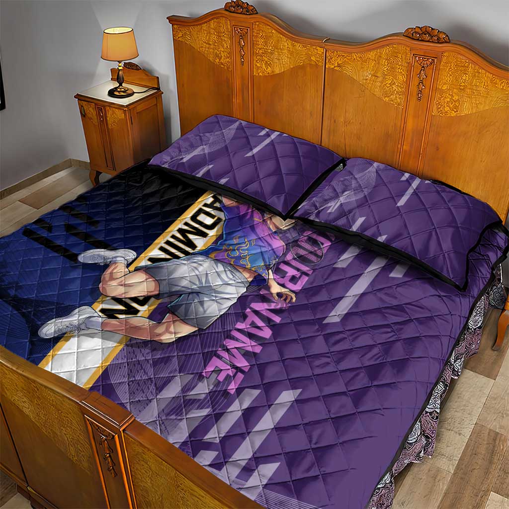 Personalized Tengen Uzui Demon Slayer Badminton Quilt Bed Set with Racket Action Pose and Purple Black Graphic Design - The Mazicc