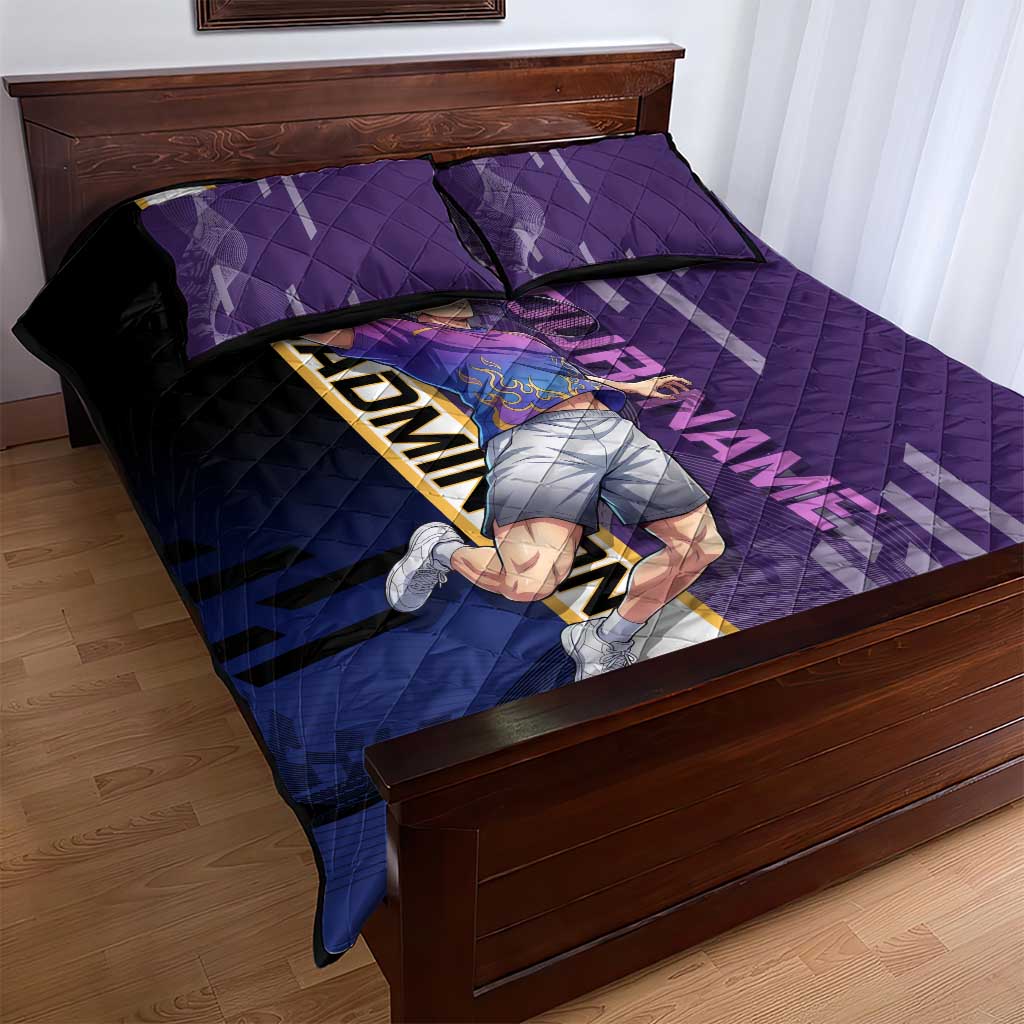 Personalized Tengen Uzui Demon Slayer Badminton Quilt Bed Set with Racket Action Pose and Purple Black Graphic Design - The Mazicc