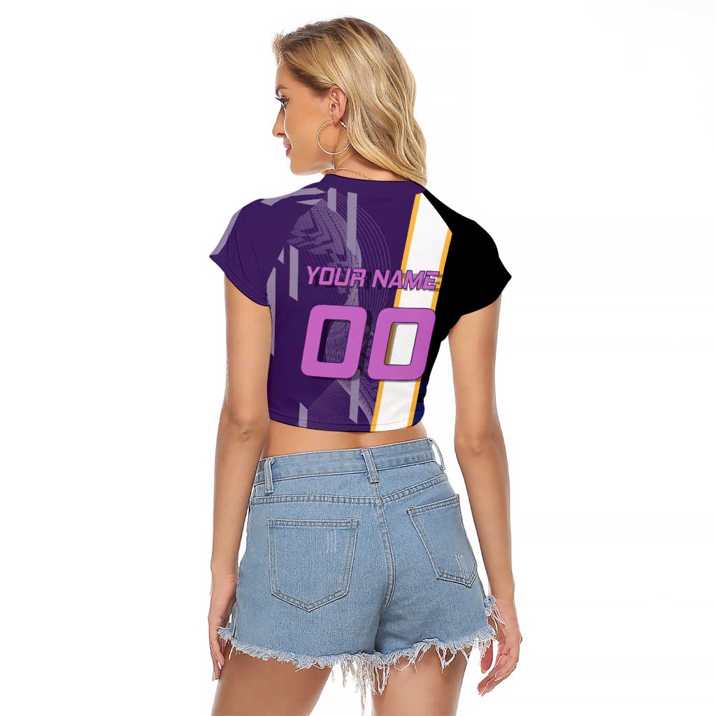 Personalized Tengen Uzui Demon Slayer Badminton Raglan Cropped T Shirt with Racket Action Pose and Purple Black Graphic Design - The Mazicc