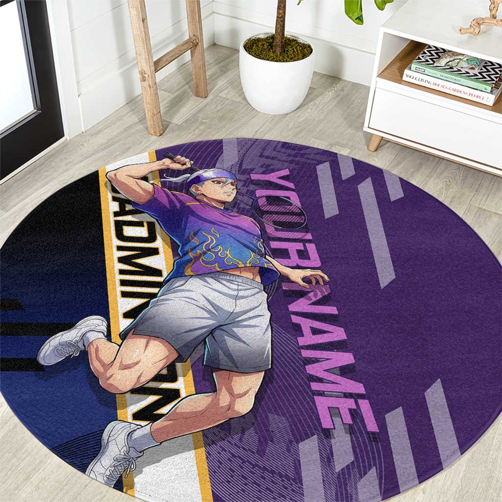 Personalized Tengen Uzui Demon Slayer Badminton Round Carpet with Racket Action Pose and Purple Black Graphic Design - The Mazicc