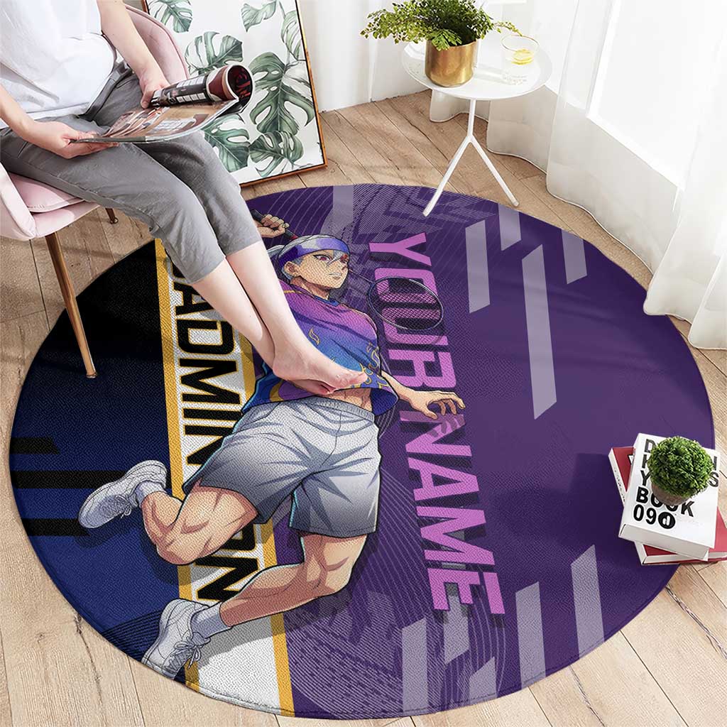 Personalized Tengen Uzui Demon Slayer Badminton Round Carpet with Racket Action Pose and Purple Black Graphic Design - The Mazicc