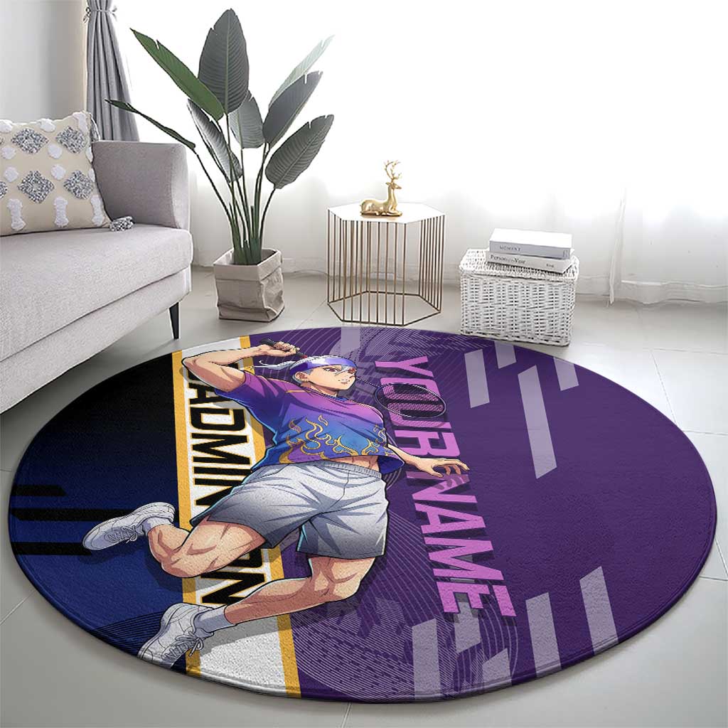 Personalized Tengen Uzui Demon Slayer Badminton Round Carpet with Racket Action Pose and Purple Black Graphic Design - The Mazicc