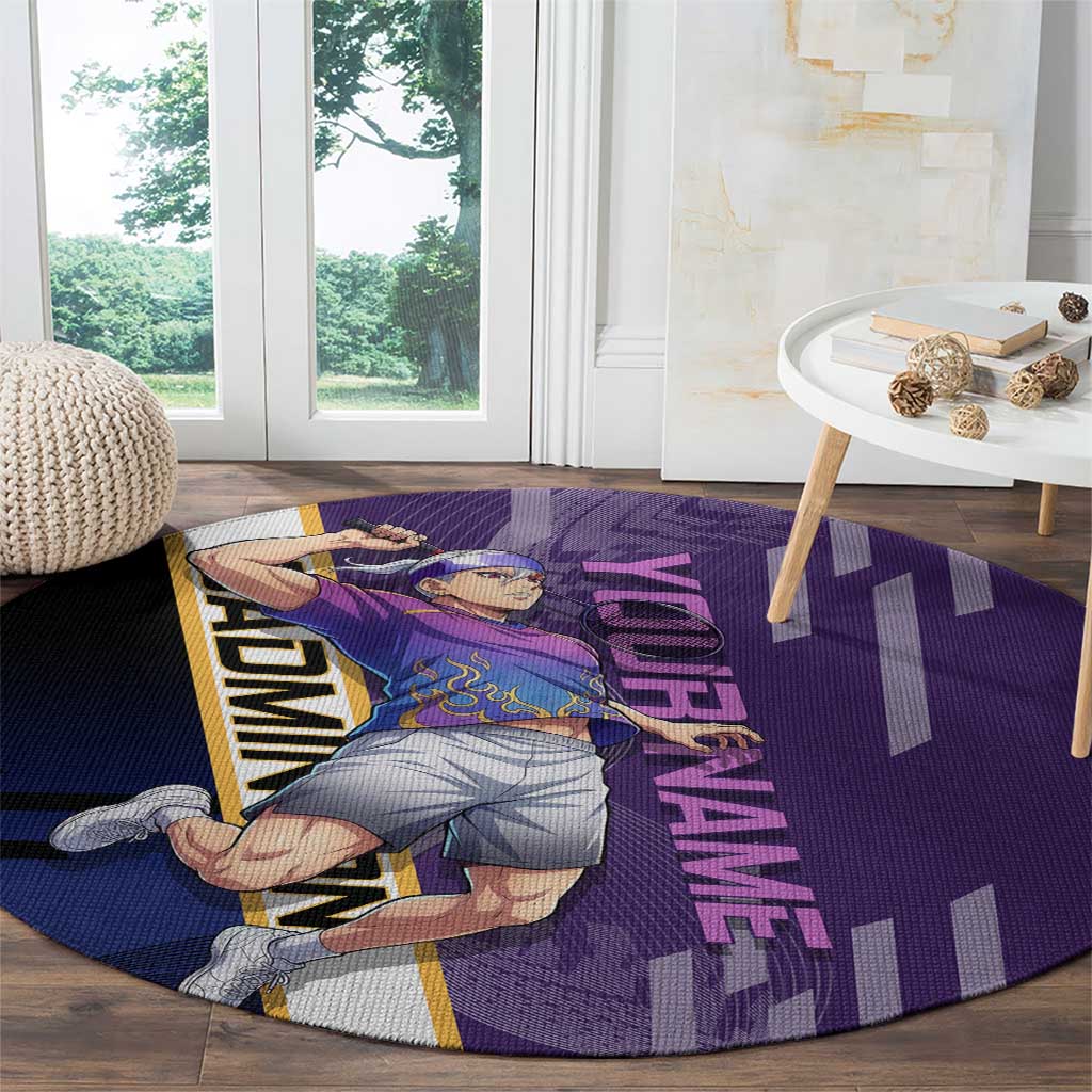 Personalized Tengen Uzui Demon Slayer Badminton Round Carpet with Racket Action Pose and Purple Black Graphic Design - The Mazicc