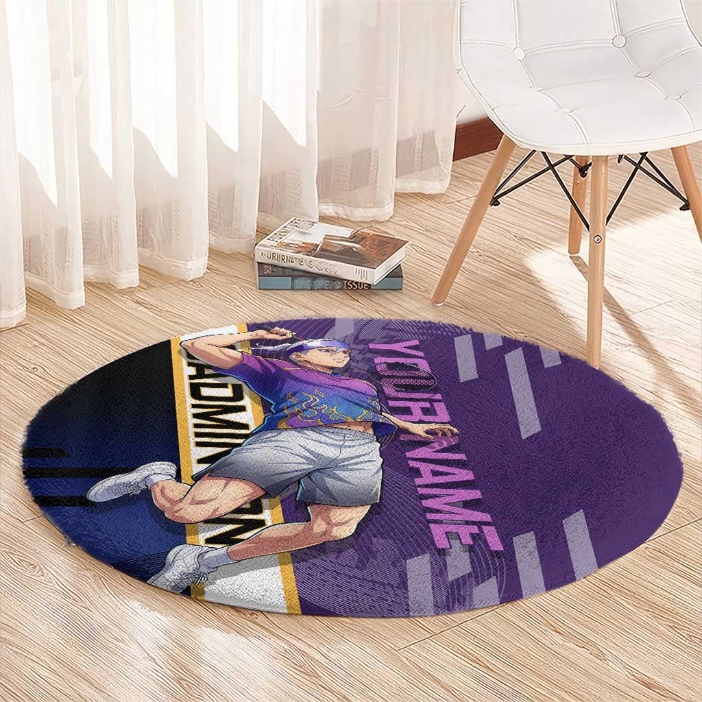Personalized Tengen Uzui Demon Slayer Badminton Round Carpet with Racket Action Pose and Purple Black Graphic Design - The Mazicc