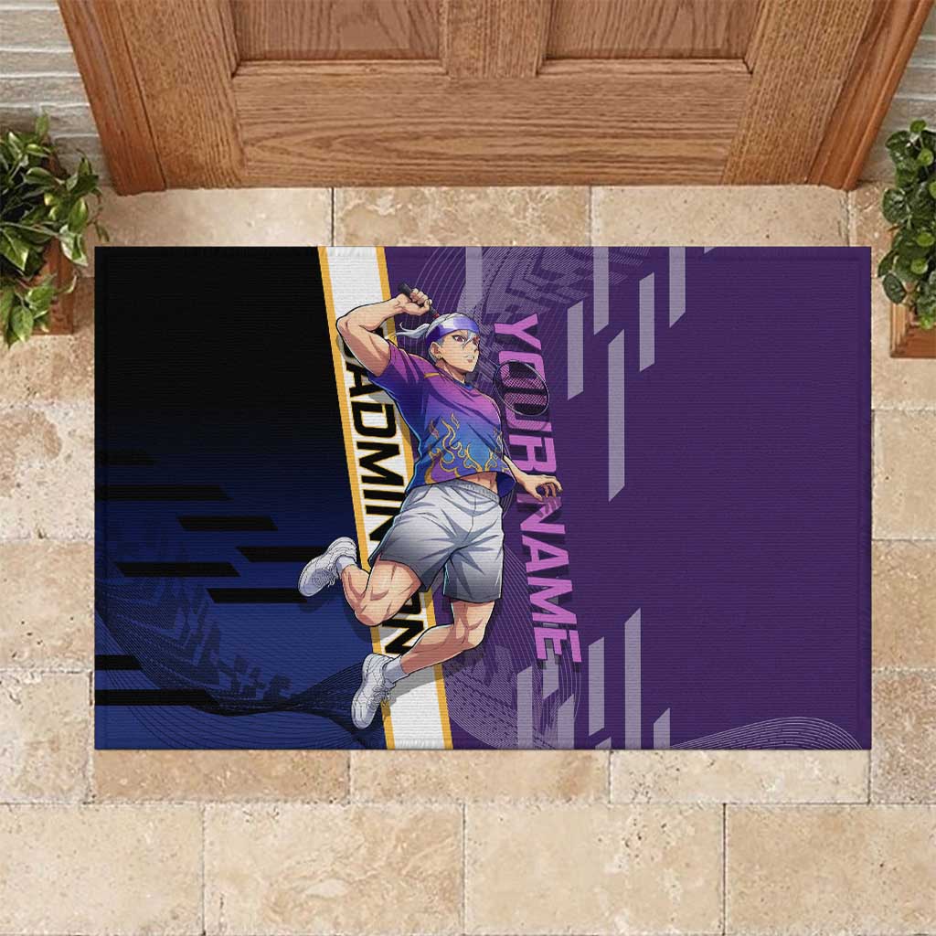 Personalized Tengen Uzui Demon Slayer Badminton Rubber Doormat with Racket Action Pose and Purple Black Graphic Design - The Mazicc